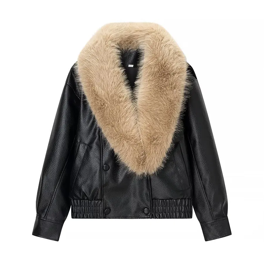 2025 Otoño e Invierno nuevo estilo europeo y americano cuello de piel desmontable chaqueta de motocicleta de cuero PU chaqueta de moda