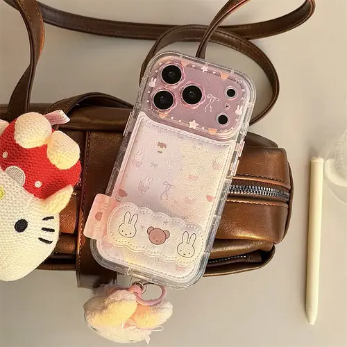 Kawaii Bear Rabbit Phone Case with Stand for iPhone 16 Pro 15 13 14 17 Pro Max Cases With Plush Pendant Cartoon Fundas Cute Case - Image 4