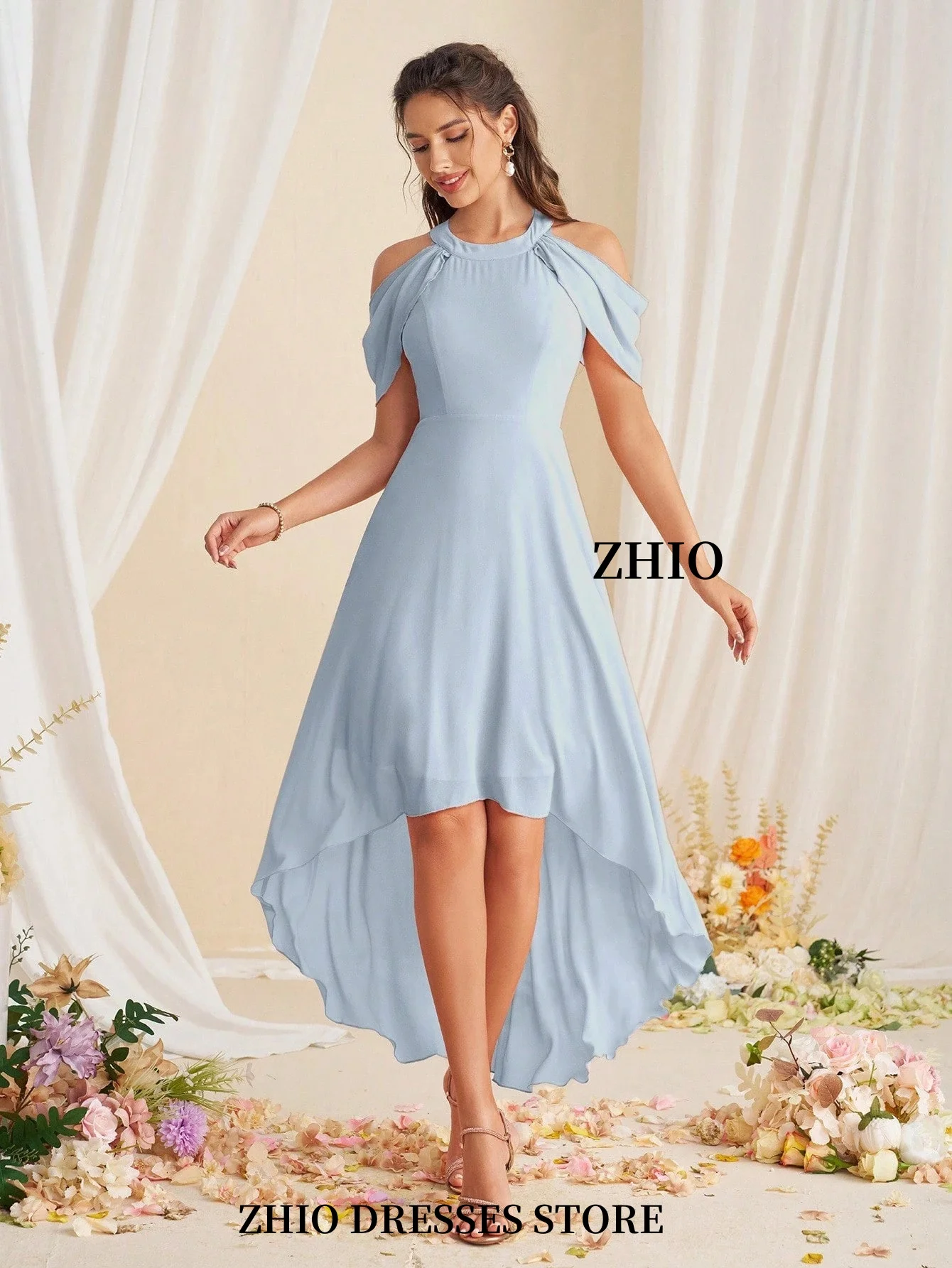 ZHIO Elegant Halter คอไม่สมมาตรชุดเจ้าสาว A-Line ค็อกเทลวันเกิดชุดราตรีที่กําหนดเอง
