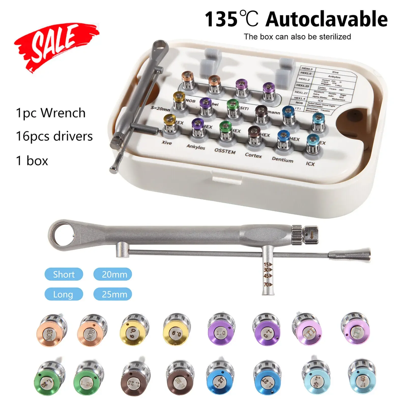 1Set Universal Dental Implant Abutment Ratchet Torque Wrench +16PCS Drivers Kit