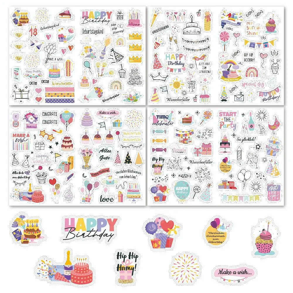 4 sheets/pack Clear Happy Birthday Stickers Pink Balloon Decor Stickers for Party Gifts Cards Scrapbook Notebook Birthday Supply