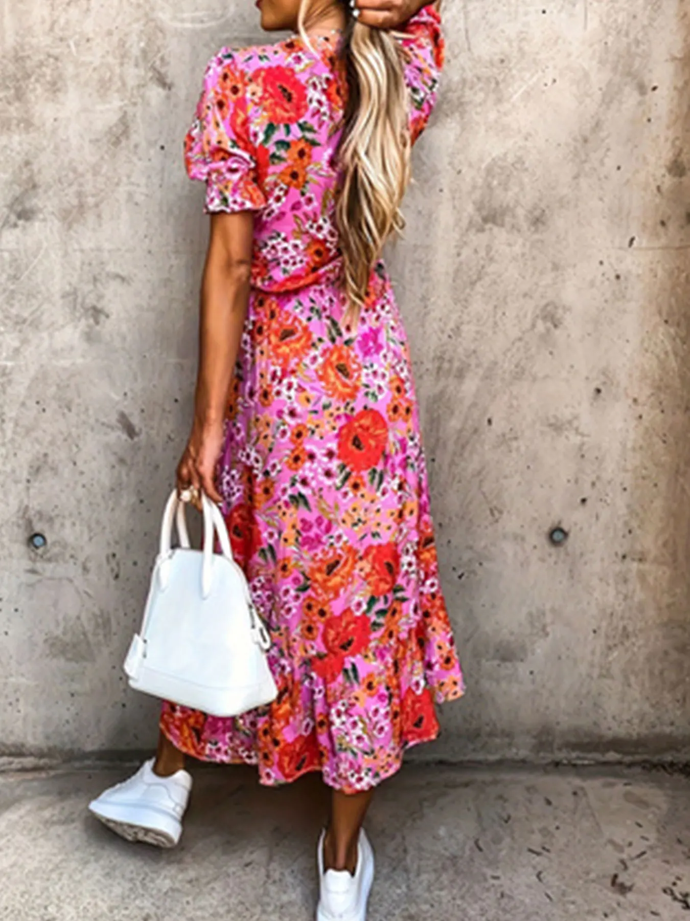 Plus Size Floral Print Slit Dress, Casual Surplice Neck Short Sleeve Dress For Spring Summer, Women\'s Plus Size Dress