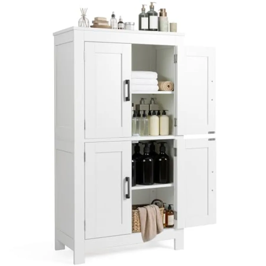 

Wooden Bathroom Storage Cabinet, Floor Organizer with 4 Doors and Adjustable Shelves, Freestanding Storage Cabinet for Kitchen