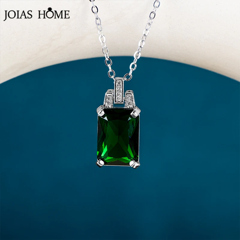 JoiasHome 925 Sterling Silver Necklace for Women 8*14mm Emerald Square Pendant 45cm Clavicle Chain Female Wedding Dinner Gift