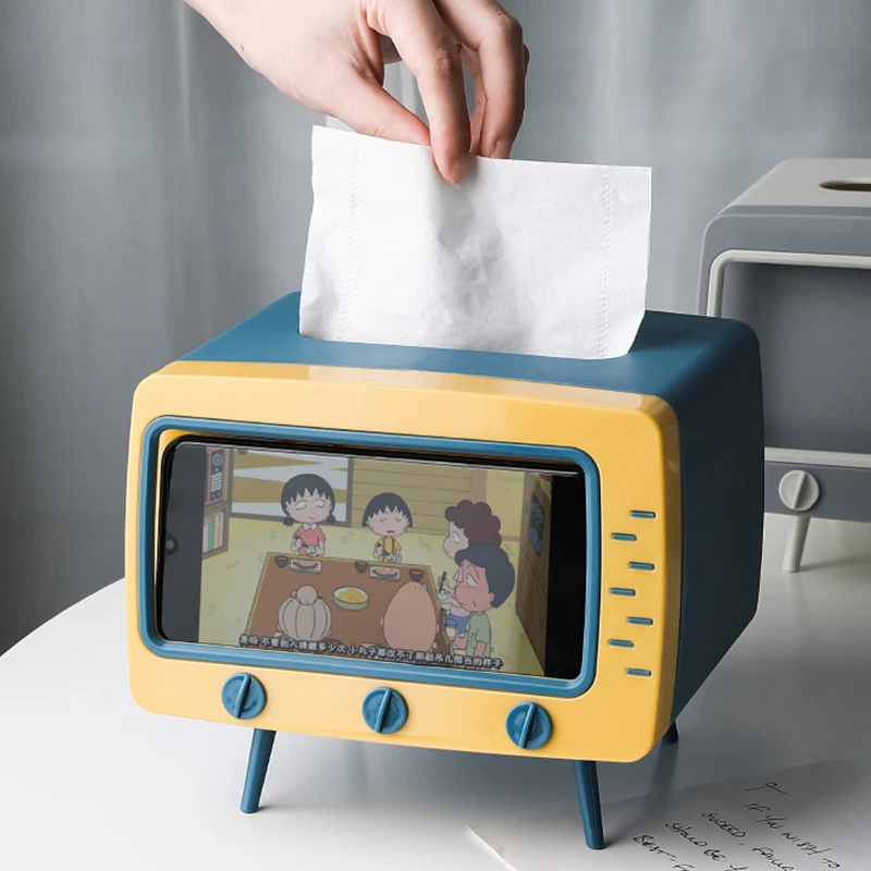 Creative 2 In 1 TV Tissue Box Desktop Paper Holder Dispenser Storage Napkin Case Organizer with Mobile Phone Holder