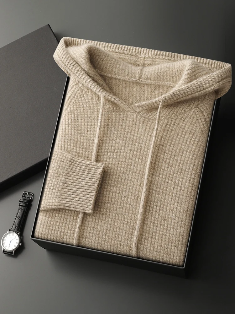 Men Hooded Pullover Sweater 100% Cashmere Knitwear Waffle Jacquard Autumn Winter Thicken Casual Soft Raglan Sleeve Clothing Tops