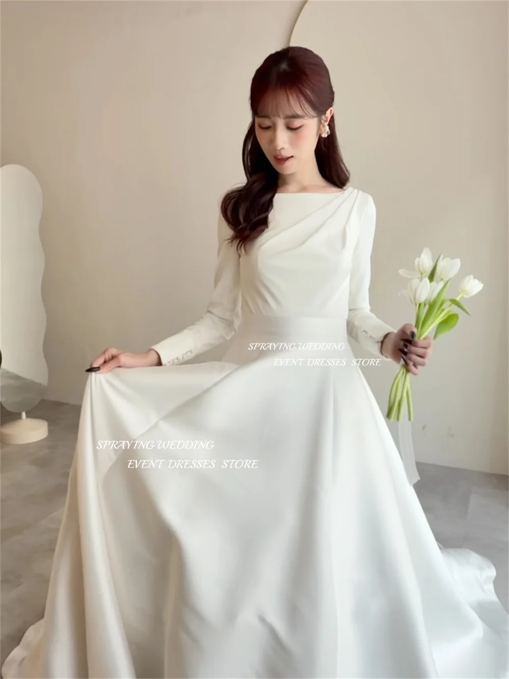 SPRAYING Elegantes langes Hochzeitskleid aus elfenbeinfarbenem Satin in A-Linie, Korea, Fotoshooting, O-Ausschnitt, lange Ärmel, Brautkleider, maßgeschneidert,  soi