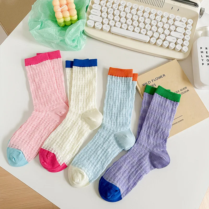 Color blocked pile socks, hollowed out mesh long socks, sweat absorbing cotton socks, mid length socks, women's socks