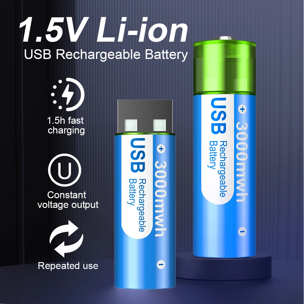 

New High Capacity 1.5V AA 3000 mWh Rechargeable Li-ion Battery USB Lithium Batteries For Toys Remote Mouse fan Electric Battery