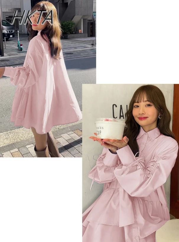 Japanse zoete asymmetrische ruche lange trekkoord mouw polokraag shirtjurk dames vouw commuter losse blauwe lange blouse