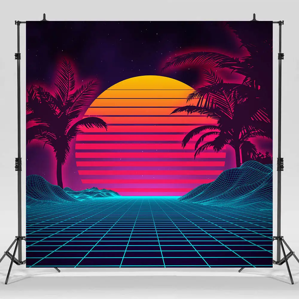 Miami Beach Florida USA 1950s 80s 90s Neon Birthday Party Decoration Banner Trip Background Near Sea Sunset Palm Trees Mountains