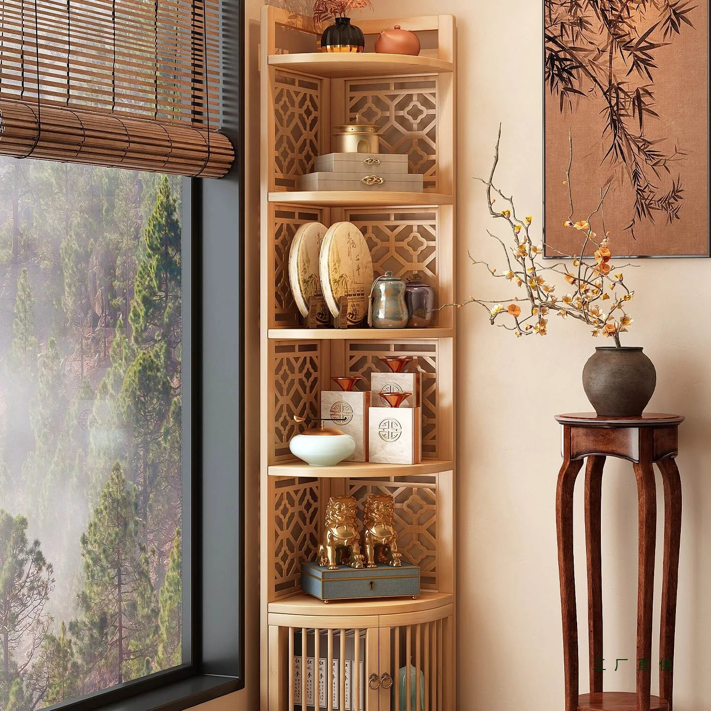 

Corner, bookshelf, integrated, against the wall, floor, shelf, Chinese style, retro style, corner cabinet