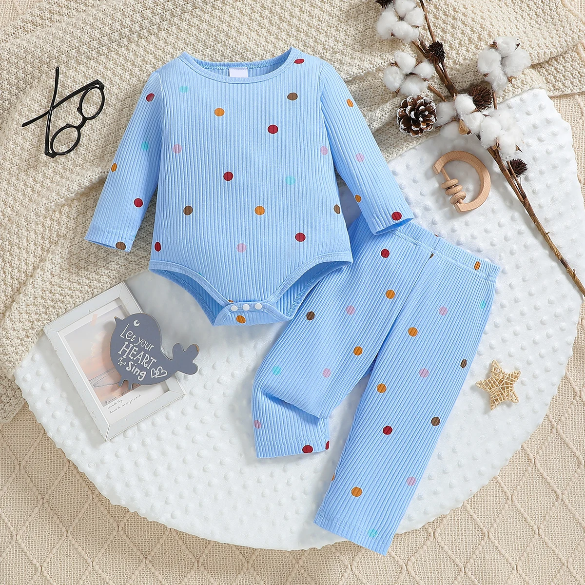 

Baby girl autumn cute style two-piece set, polka dot pit stripe bag, fart clothes, pants, casual daily wear