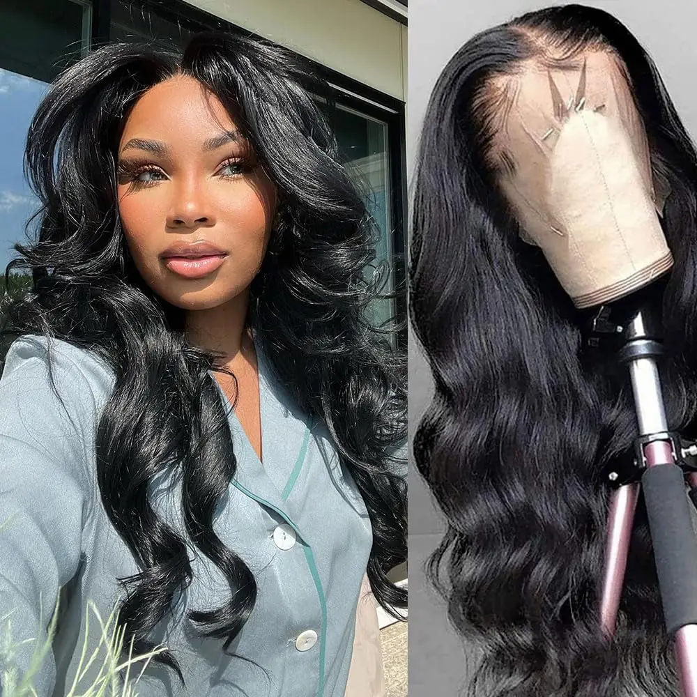 Perruque Lace Front Wig Body Wave Brésilienne Naturelle, Cheveux Humains, Pre-Plucked, HD, 13x4, 13x6, 26 28 Pouces, 180%, pour Femme