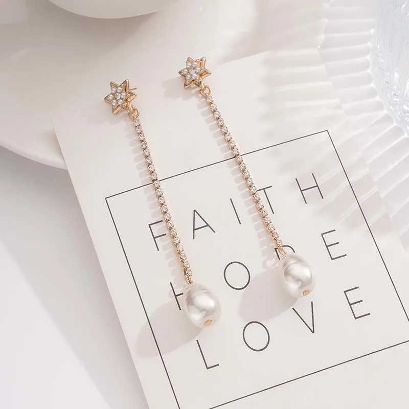 

Inlaid Zircon Starry Pearl Pendant Earrings Simple Chain Tassel Temperament Fashionable Exquisite Long Super Immortal Beautiful