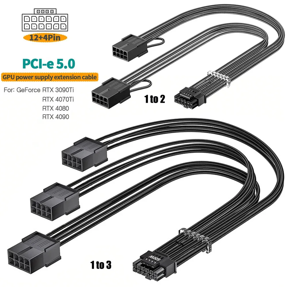 

16Pin 12+4 to 3x8Pin PCIe 5.0 GPU Extension Cable Sleeved 12VHPWR Male to 3x8(6+2)Pin Female Power Cable for RTX 3090Ti 4070Ti