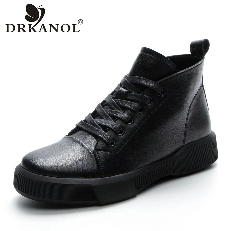 DRKANOL 2024 Women Plush Warm Boots Winter Flat Shoes Real Cowhide Round Toe Side Zipper Soft Rubber Sole Big Size Cotton Boots