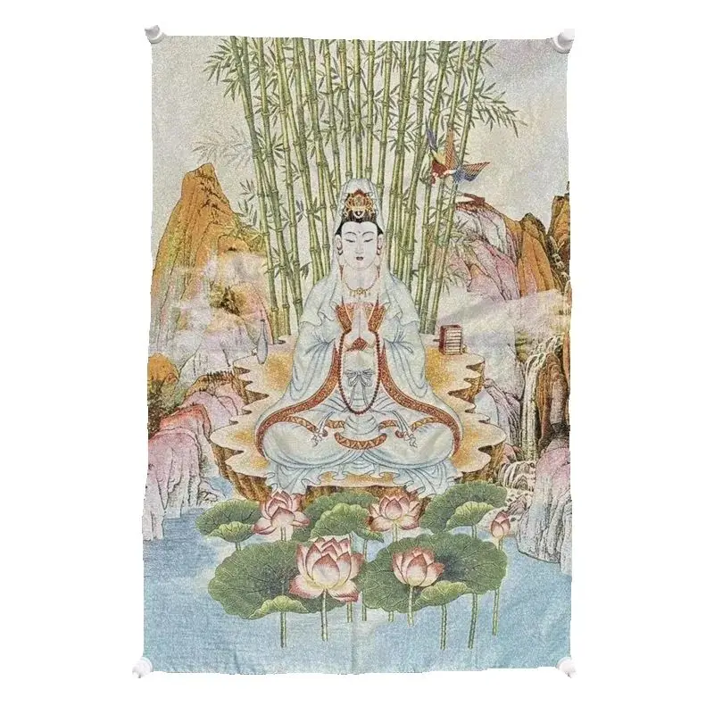 Chinese Antique Silk Brocade Embroidery Tangka Painting of Guanyin Bodhisattva Buddha Statue Wall Art