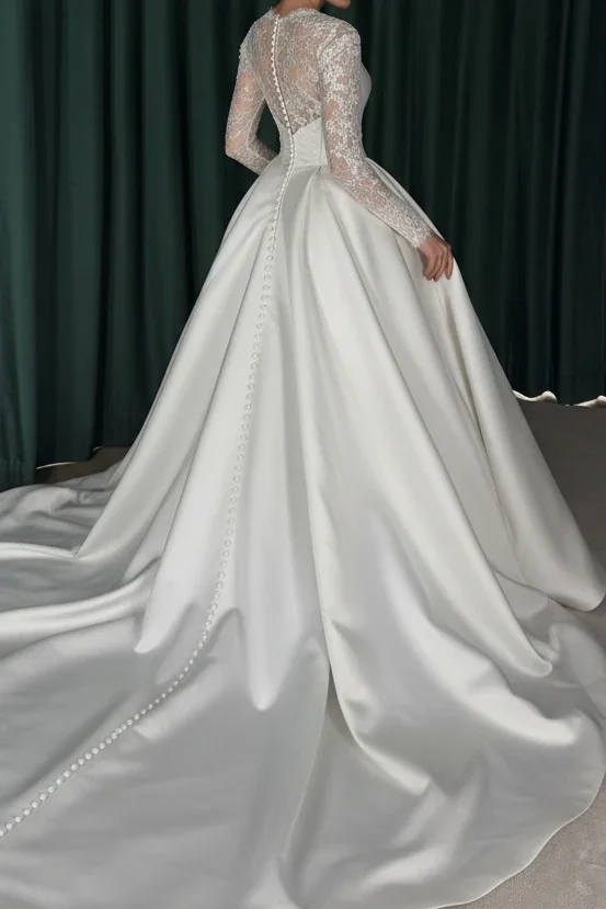 Elegant Long Sleeve Lace Satin Ball Gown Wedding Dress High Neck Button Back Chapel Train Bridal Gown Custom Size For Bridal