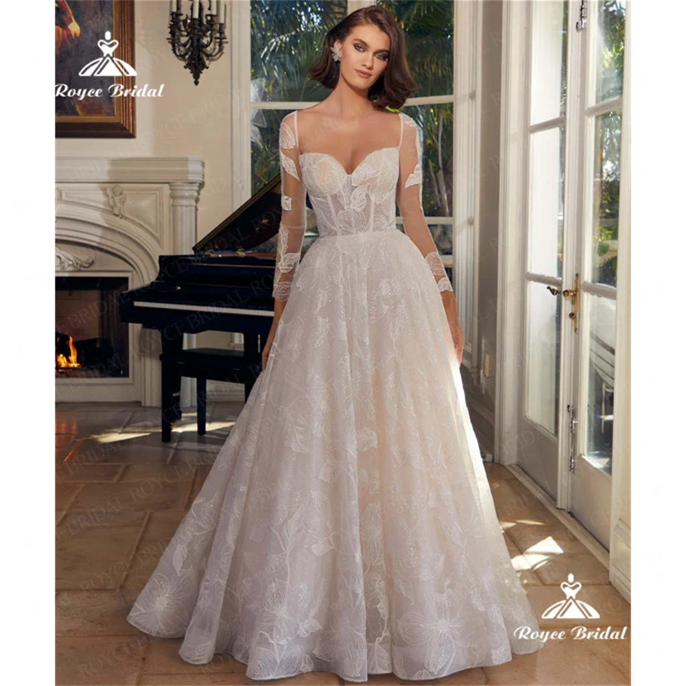 Roycebridal Свадебное платье трапециевидной формы с V-образным вырезом, 2025, кружевное свадебное платье с длинными рукавами и шлейфом, индивидуальное платье для свадебного платья для rota