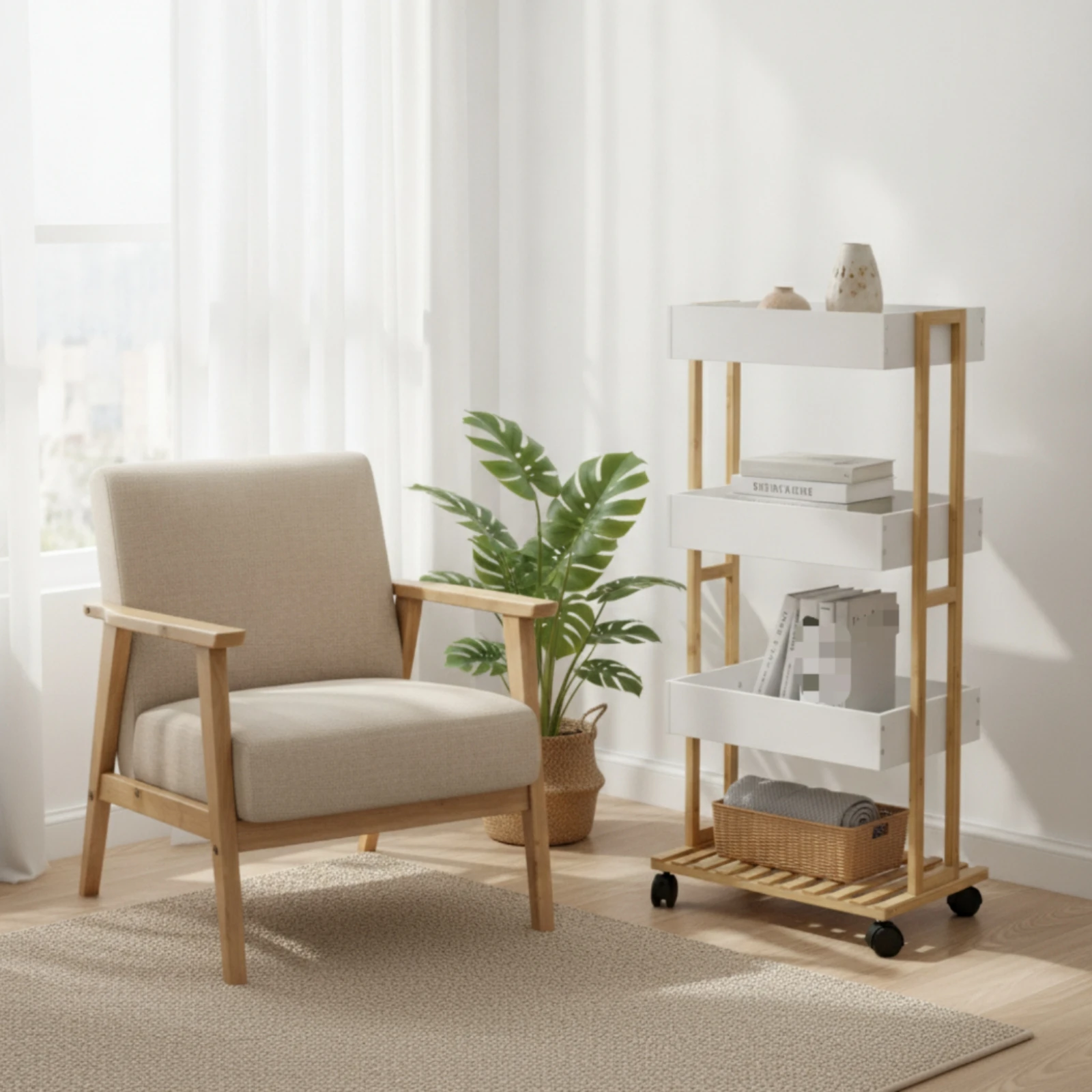 Bamboo Storage Trolley Slim Storage Cart with Wheels 4-Tier Rolling Organizer Easy to Move Furniture Space-Saving for Kitchen