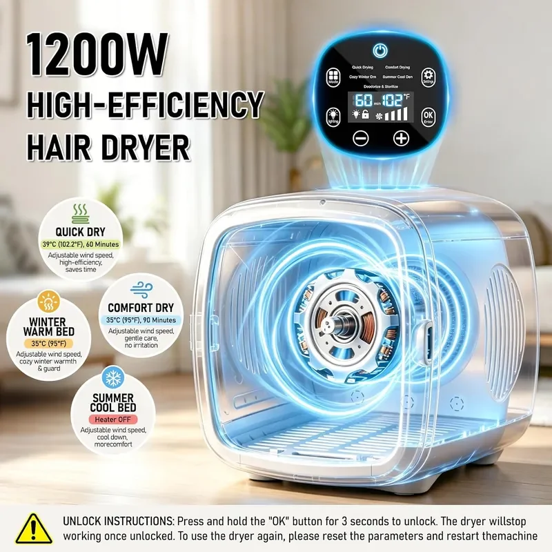 1200W High Velocity Pet Dryer Box for Cats Small Dogs Automatic Lonic Full Body Fast Drying Box with 5 Temp Modes Adjustable