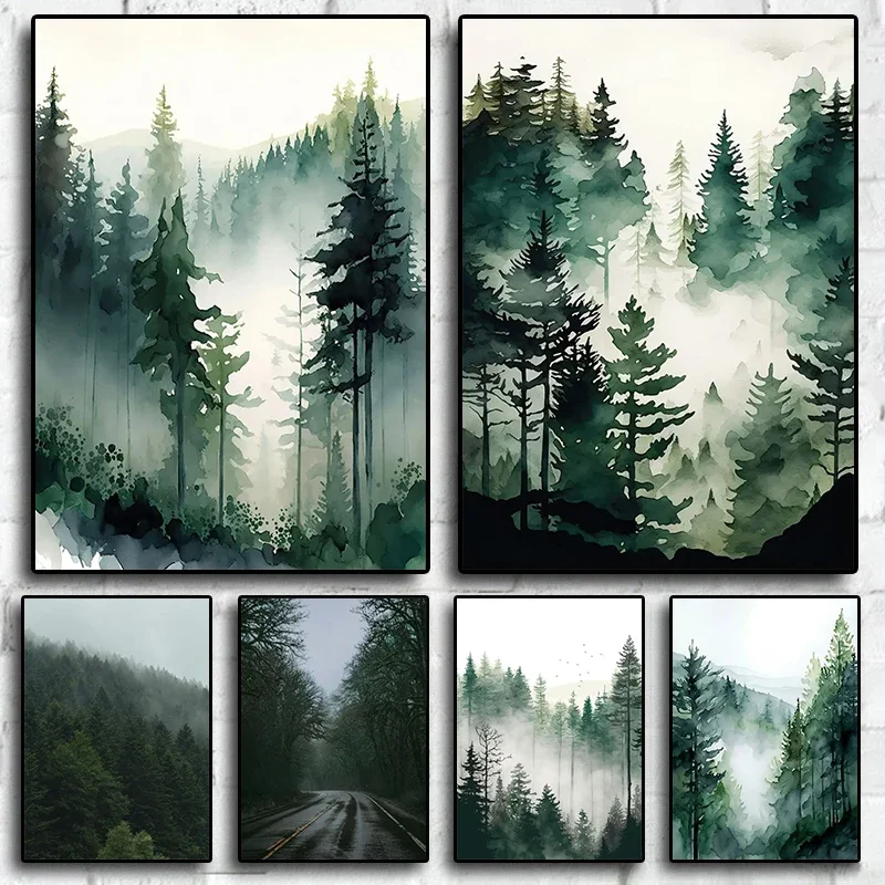 1pc frameless Canvas Painting Foggy Mountain Misty Forest Pine Sage Green Wall Art Canvas Painting Nordic Poster and Prints W