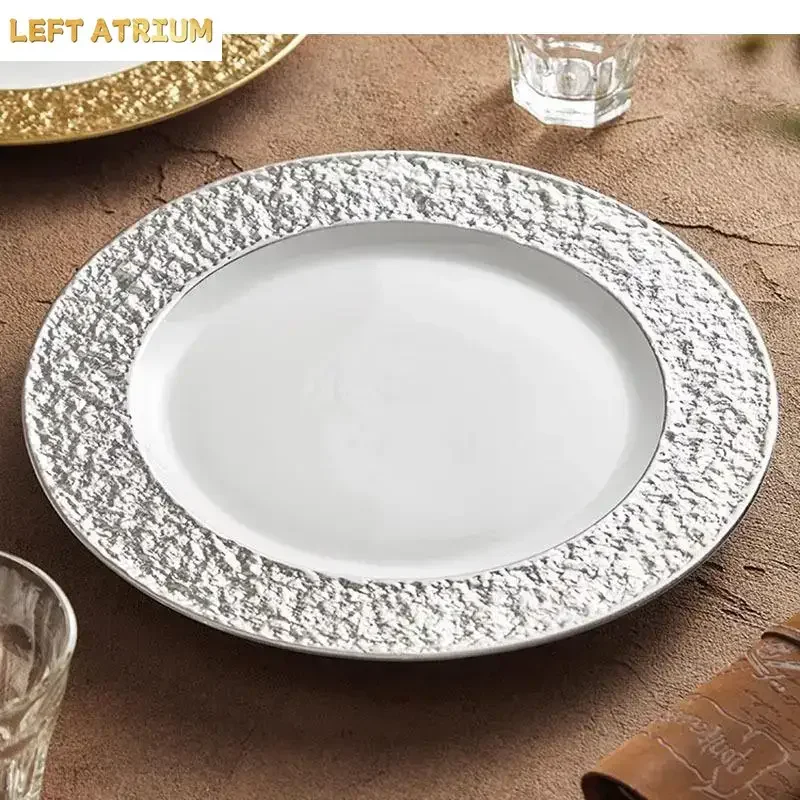 Electroplated Ceramic Flat Plate Restaurant Stone Pattern Dessert Sushi Steak Plates Specialty Tableware