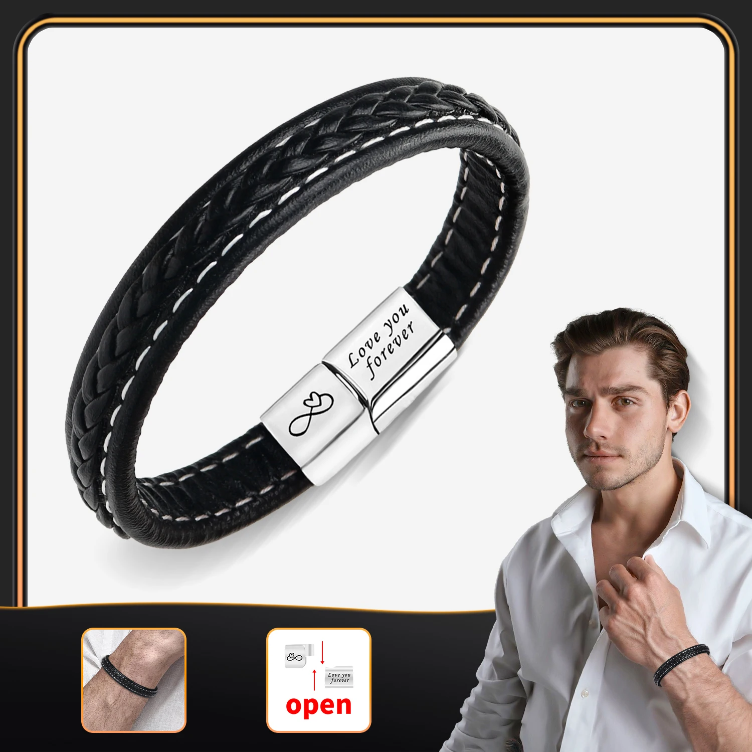 아빠의 생일 선물 - 자석 걸쇠가 달린 가죽 팔찌, 맞춤 각인, 카드 포함 - 아버지의 날에 딱 맞습니다.