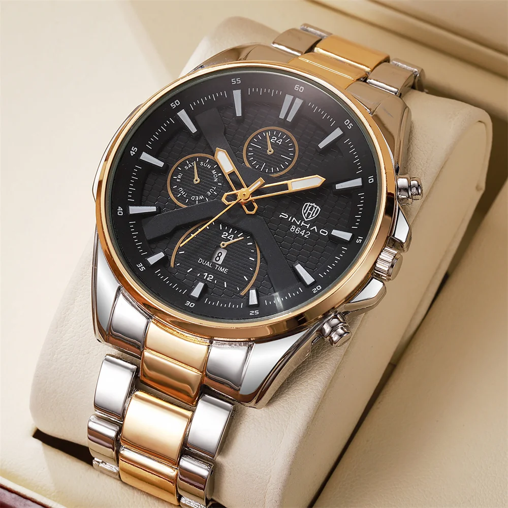 Luxury Men Two Tone Gold Silver Quartz Watch Decor Multi Sub Dial Steel Bracelet Business Gift Watch