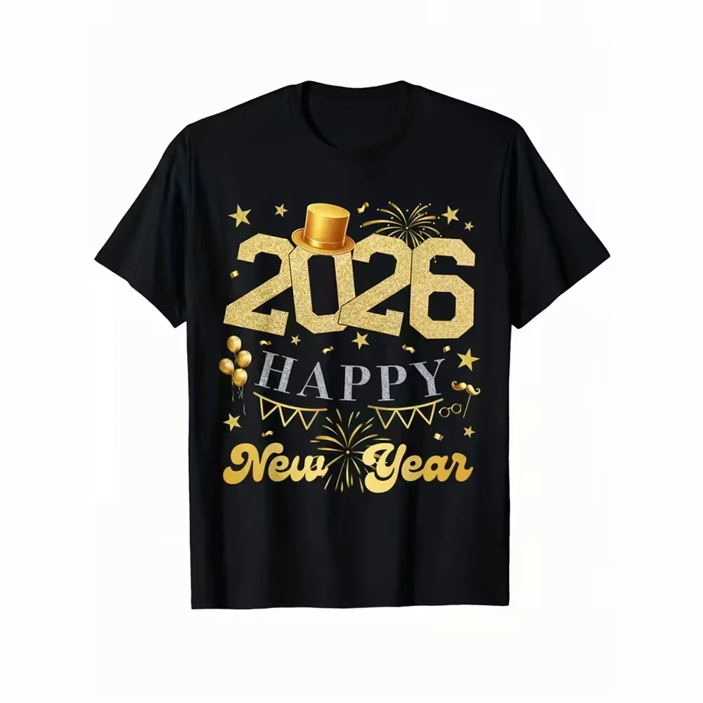 

ShrekHappy New Year 2026 Black T-shirt For Men Clothes Holiday Daily Casual Funny T Shirts 3D Print Design Wine Cheers Fun Tee