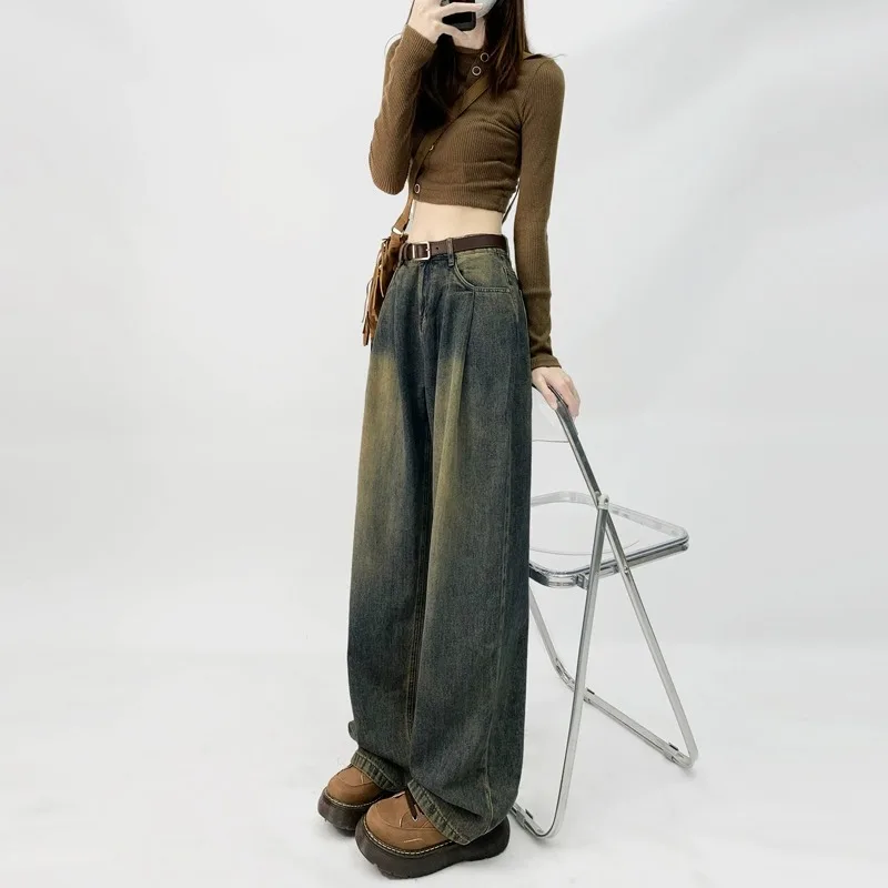 

Женские широкие джинсы на подкладке с высокой талией, свободный крой, утягивающие повседневные брюки прямого кроя, зимняя мода