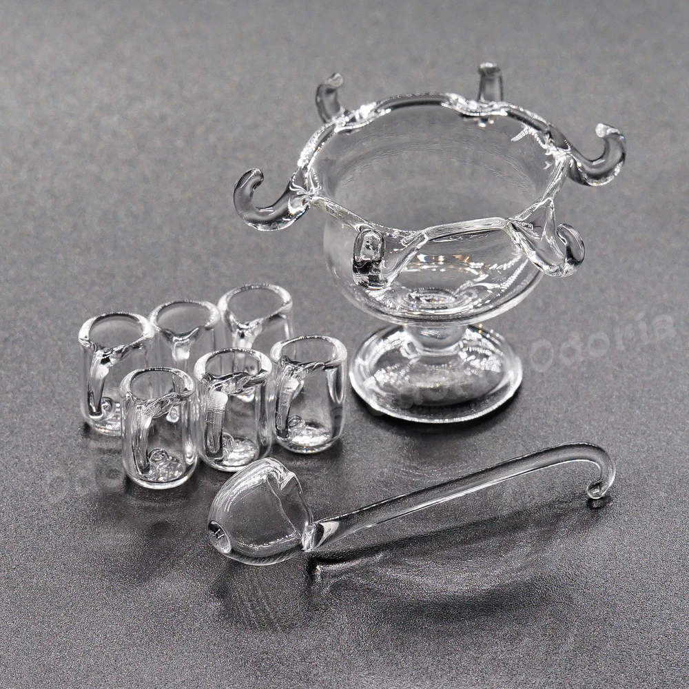 Odoria 1:12 Miniature Glass Cocktail Punch Bowl & 1 Spoon and 6 Cups Tableware Beer Mug Kitchen Set Doll House Accessories Decor