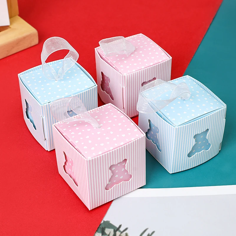 10Pcs Blue Pink Bear Candy Boxes With Ribbon Handle Baby Girl & Boy Gender Reveal Party Newborn Baby Shower Party Boxes Favor