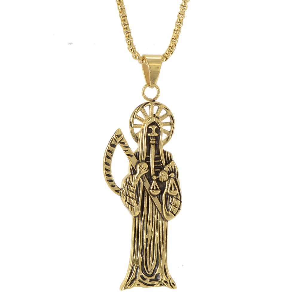 Hip Hop Vintage Holy Saint Death Santa Muerte big Skull Biker Pendant Gold color Necklace Stainless Steel Man Religious Jewelry
