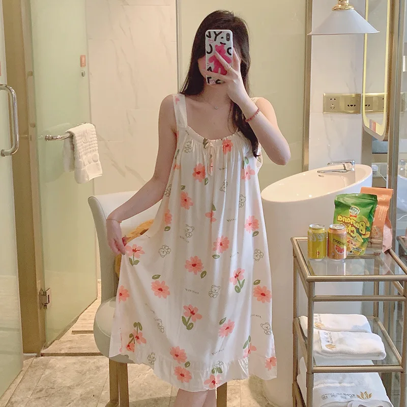 Sexy Plus Size Camisole Floral Print Woman Satin Nightgowns Nightdress Dresses Robe Lounge Lady Women Pijama Sleepwear Pj