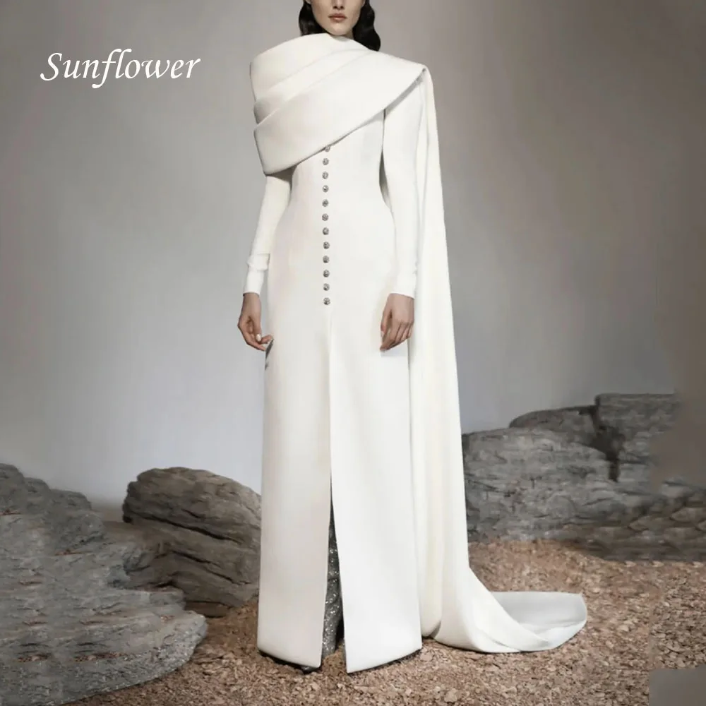 

Sunflower White Evening Simple Heavy Shoulder Trailing Long Sleeve Formal Occasion Prom Dresses Evening Party Gowns