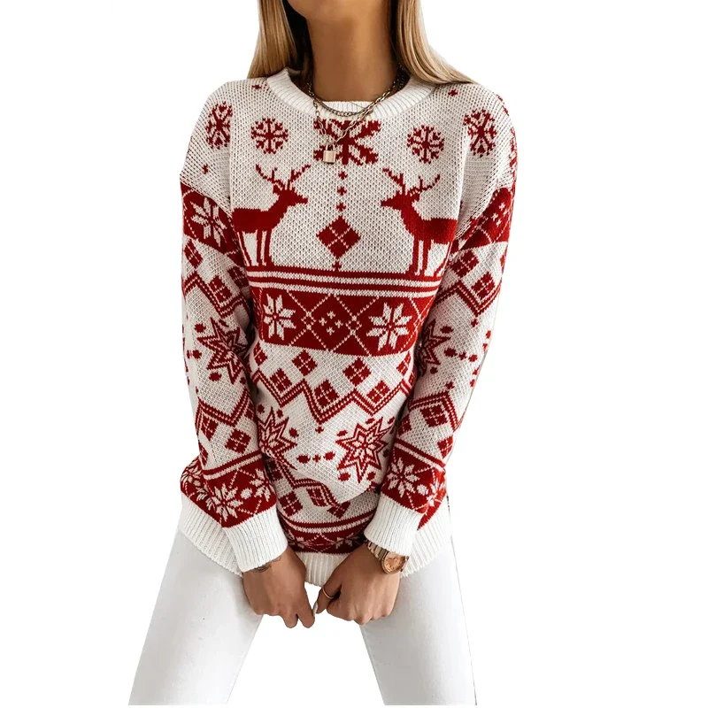 

Зимний женский рождественский свитер с принтом лося, вязаные джемперы с длинными рукавами и круглым вырезом, повседневный свободный трикотаж, пуловер, топы на Рождество