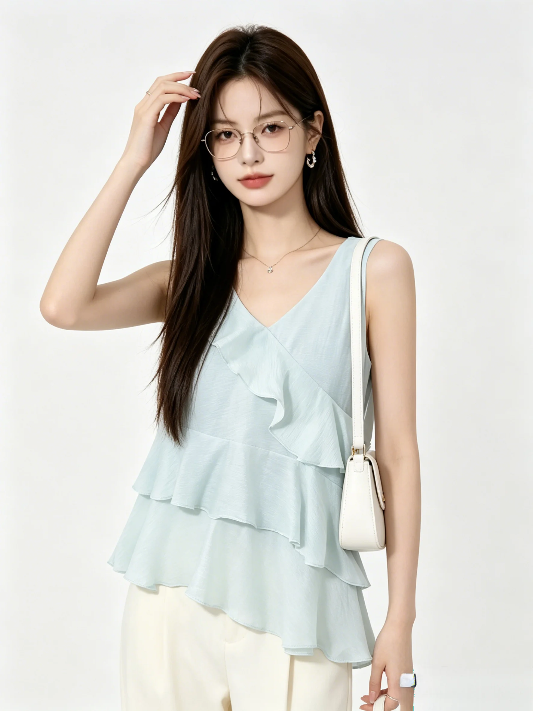

Fashionable Korean Style V-Neck Ruffle Sleeveless Top Women's Summer Versatile Outerwear Breathable Casual Loose Fit