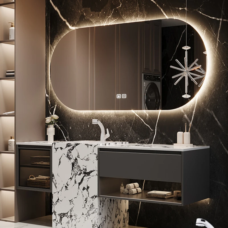 

Modern minimalist bathroom cabinet combination, high-end rock slab seamless splicing basin, column style washbasin