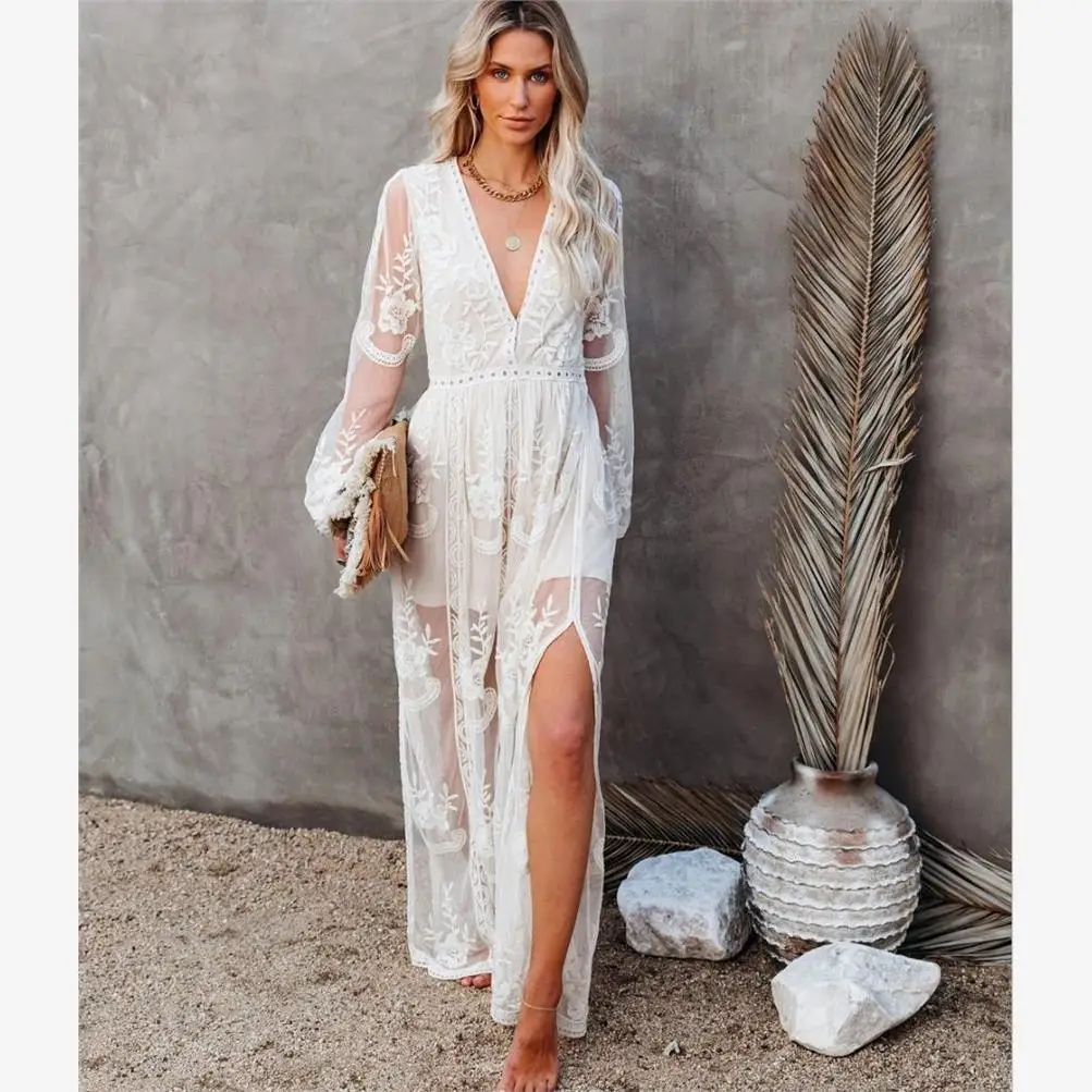 

Sexy Long Sve Lace Vne Chiffon Dr Slit Maxi Dr Sensual Polyester Fiber Spring Summer Autumn Season Long Dr
