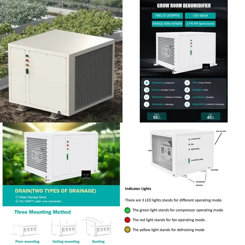 350ppd 166L Grow Room Greenhouse Industrial Dehumidifier Greenhouse Commercial Dehumidifier Grow for Greenhouse