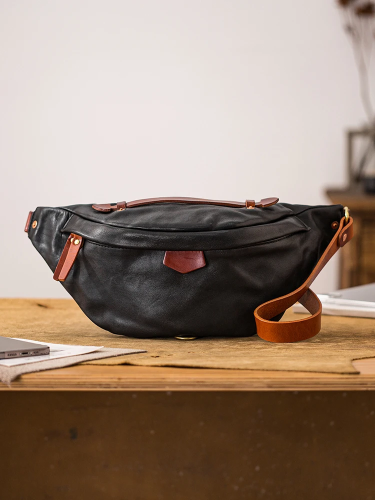 Fashion designers handmade genuine leather men's black chest bag outdoor daily party luxury cow leather sports crossbody bag