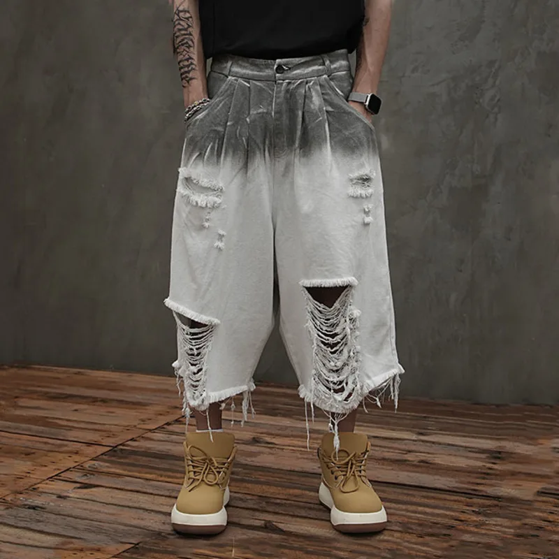 HKSH Sommer Neue Mann Flut Punk Abfall Land Punk Gradienten RO Schmutzig Schlamm Krawatte Gefärbt Lose Shorts Löcher Denim Hosen Jeans Unisex HK7925