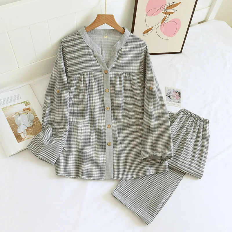 New spring and autumn ladies pajamas set 100%cotton gauze four seasons long-sleeved trousers two-piece simple plaid home service