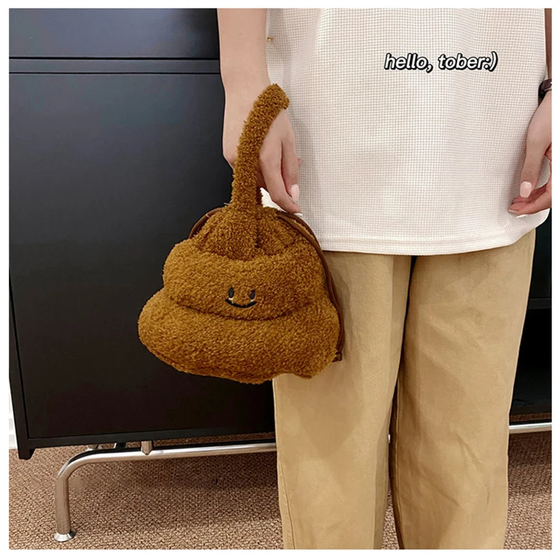 New Cartoon Spoof Poop Bag Funny Plush Drawstring HandBag Women Lovely Wrist Bag Soft Drawstring Closure Versatile Female Bag