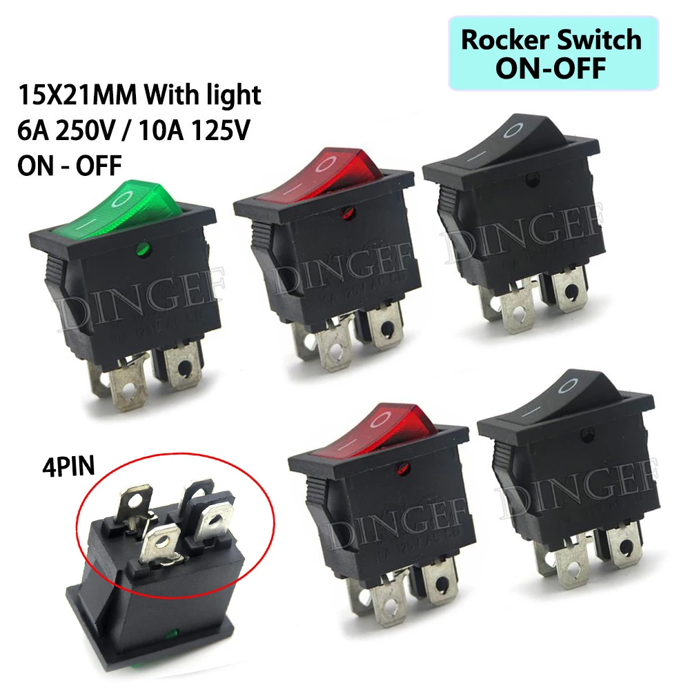 5PCS 15X21 Rocker Switch power Switch with light 4P 4P 15x21mm Switch ON-OFF KCD1 15*21mm 4PIN Ship Type Switch 6A 250V 10A 125V