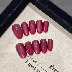 Handmade Press on Nails Shiny Dark Plum Cat Eye False Nails for Lady Daily Wearable Reusable Short Oval Head Fake Nail Tips