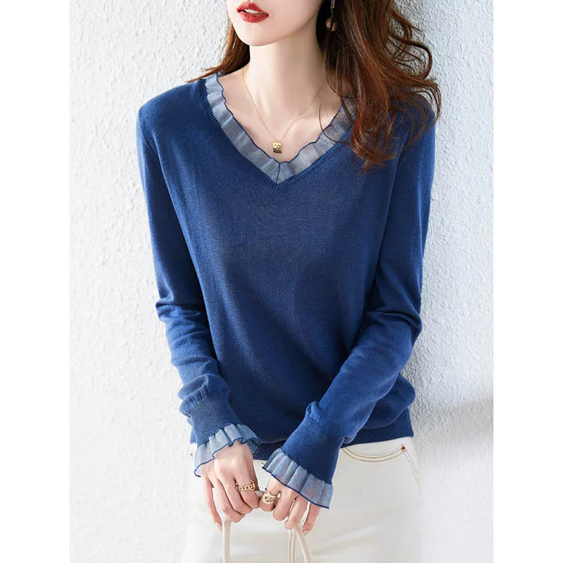 

Fashion Temperament Solid Color Stitching Long-sleeved Sweater New V-neck Top Ruffled Pullover Sweater Female Spring and Autumn