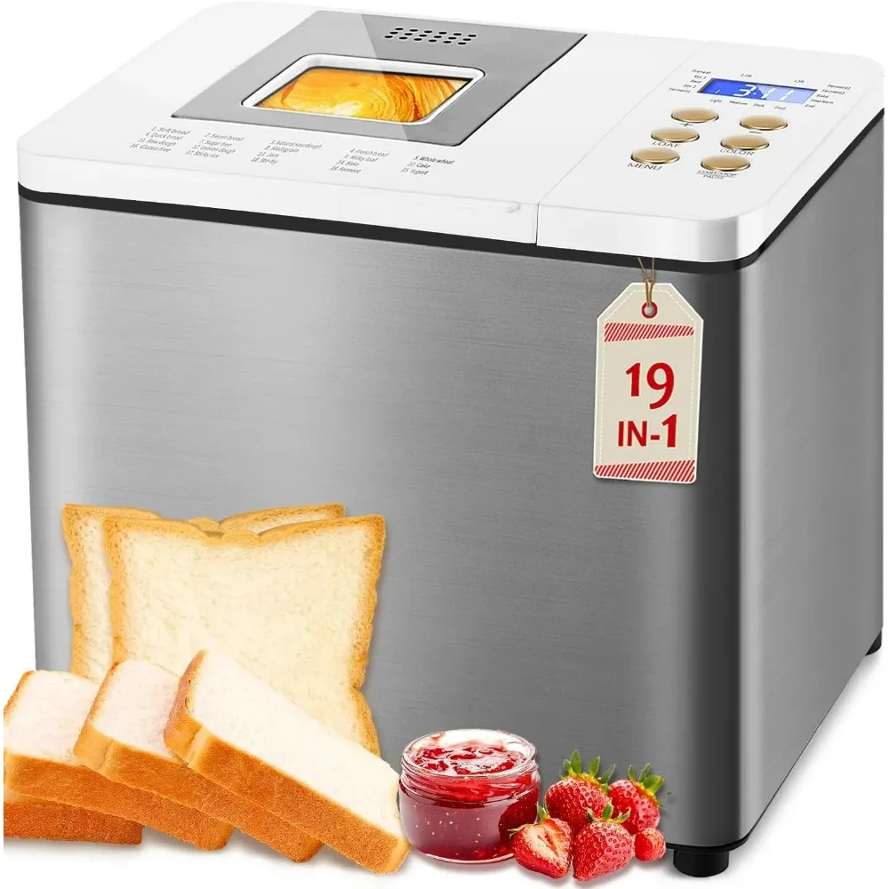 

19-in-1 Smart Dual Heaters Bread Maker With Heat-Conductive Nonstick Ceramic Pan,Quiet Bread Machine with 15H Timer,1H Keep Warm